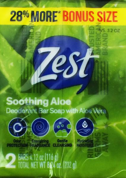 ZEST 'Soothing Aloe' Deodorant Bar Soap with Aloe Vera, 2x 116 gr= 232 gr